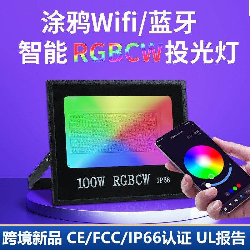跨境涂鸦智能wifi蓝牙rgbcw彩色投光灯户外照明庭院照树led泛光灯