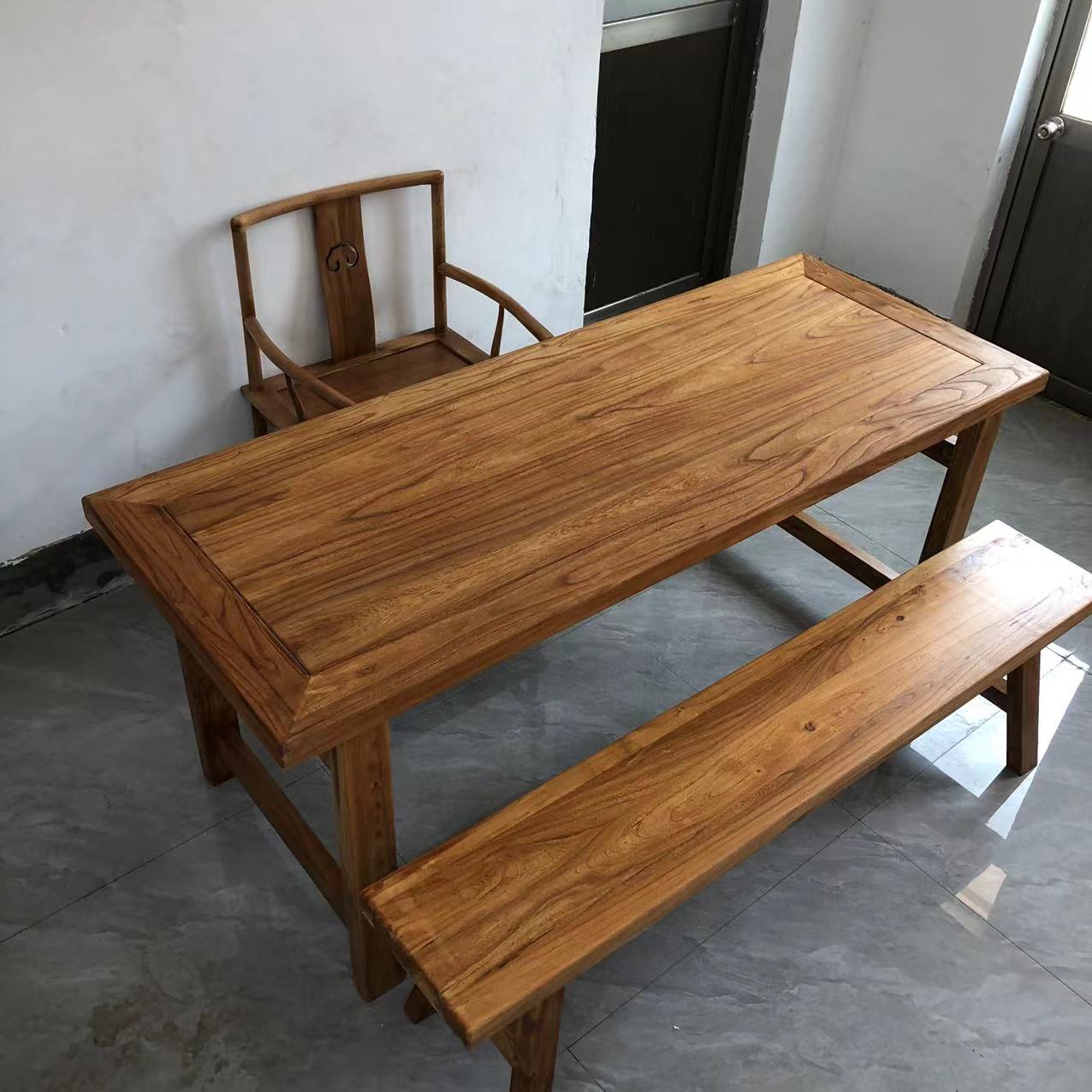 老榆木实木茶桌原木餐桌简约书桌复古茶台电脑桌中式会议桌阳台桌