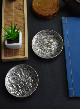 复古小银碟子小碗浮雕生肖富贵花纹中式古典茶碟银碟摆件镶嵌银元