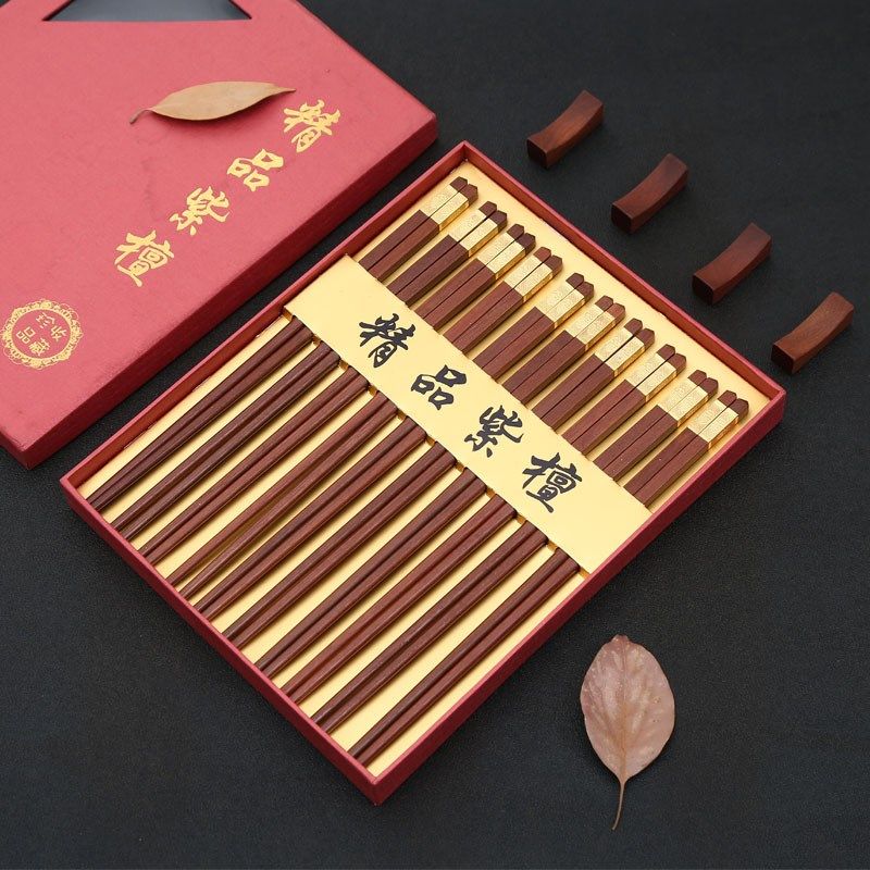 小叶紫檀筷子家用高档实木质10双红木筷防滑防霉无蜡无漆家庭送礼