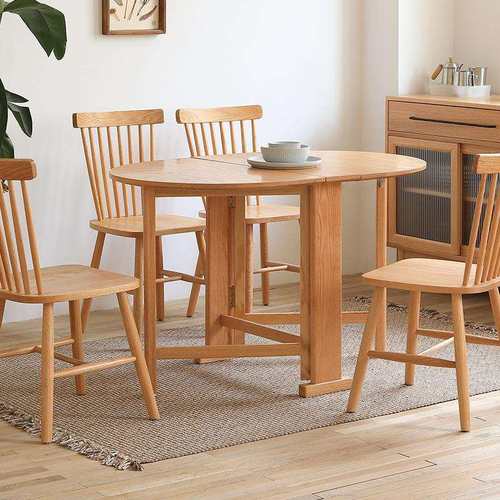 红橡木折叠餐桌椅实木客厅书桌橡木伸缩红橡木方桌北欧小户型圆桌