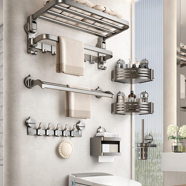 吸盘毛巾架卫生间免打孔浴巾架子浴室置物架一体厕所收纳挂钩挂杆