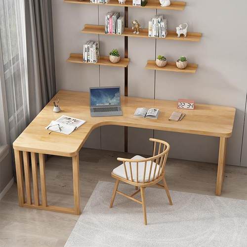 原木色实木L型书桌转角台式电脑桌家用卧室靠墙角工作台拐角桌子