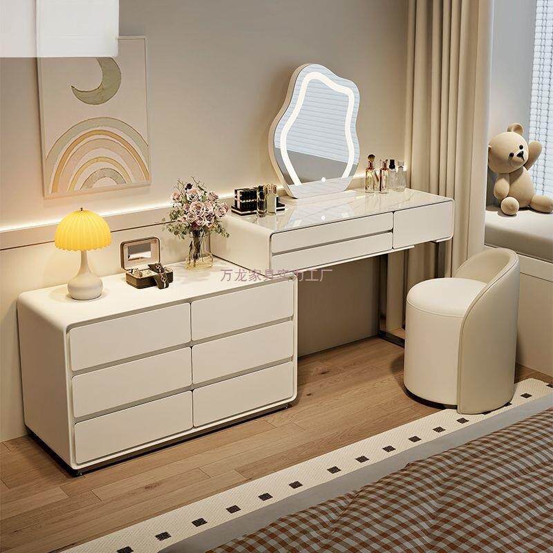 2025新款奶油风实木梳妆台斗柜一体极简小型化妆镜岩板桌面化妆台