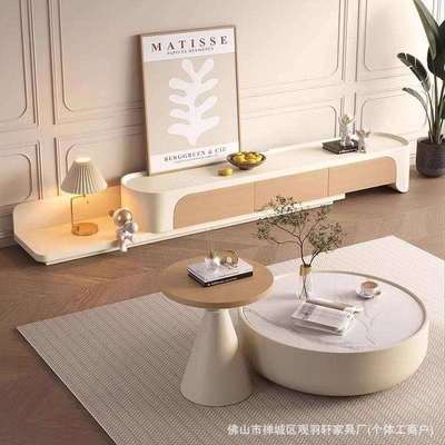 奶油风实木岩板茶几客厅家用原木色拉伸电视柜组合大小户型落地柜