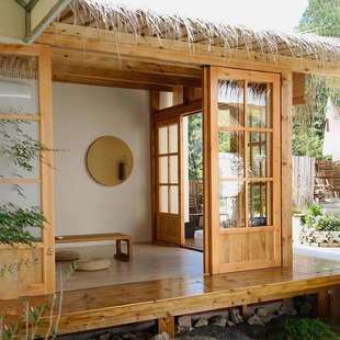 户外庭院网红茅草木屋茶室别墅民宿防腐木农家乐室外造景小木房子