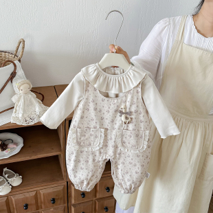 婴儿秋季新款柔软舒服女宝宝春装分体背带裤打底衫两件套装
