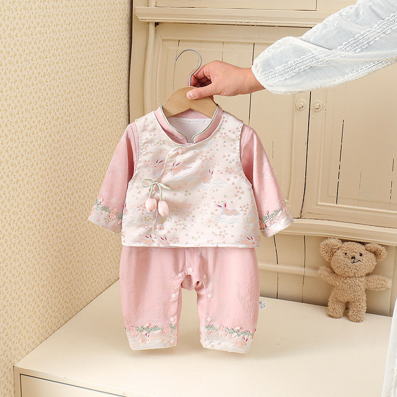 周岁婴儿礼服套装春季长袖花朵女宝宝唐装汉服连体衣新生两件套