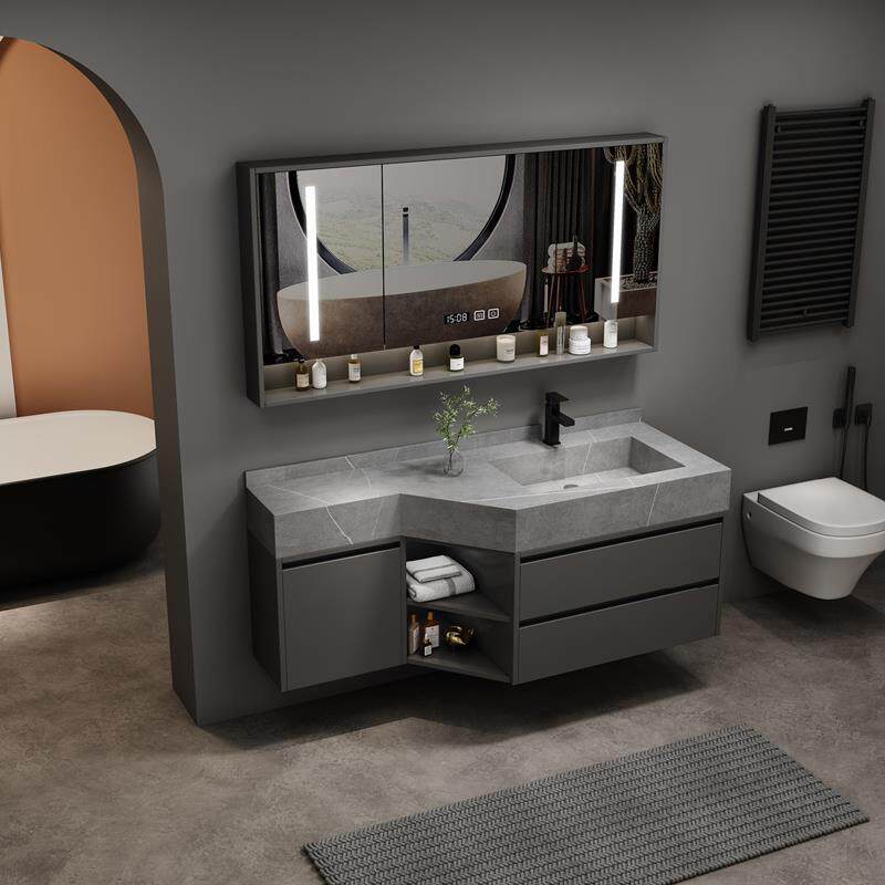 浴室柜定制切角斜角异形岩板一体无缝盆卫生间窄洗手洗脸盆柜组合