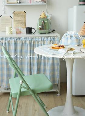 SaturdayHome奶蓝格子窗帘卧室ins风韩系隔断帘清新门帘