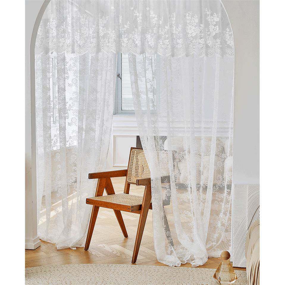 免打孔安装伸缩杆魔术贴网红法式蕾丝窗帘窗纱帘花边款门帘隔断