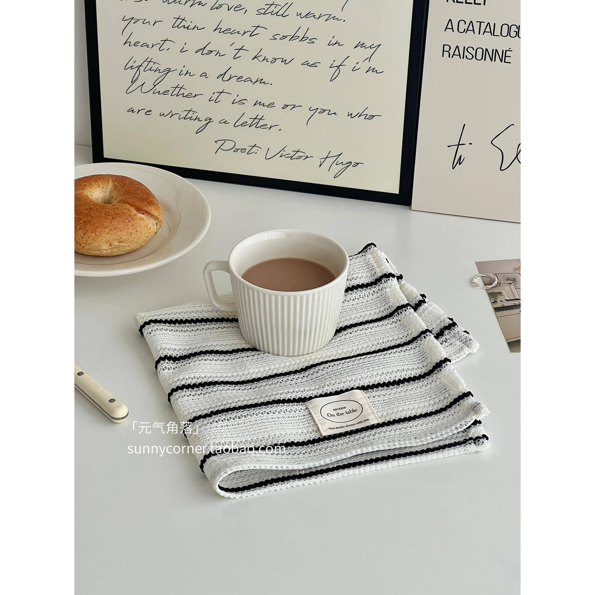 ins风高级感黑白条纹布艺餐垫茶几桌垫盖布拍照道具装饰背景布