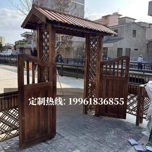防腐木门楼户外木制中式庭院门楼定制花园入户门乡村小院茅草门头