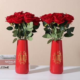 正红色喜字福字结婚陶瓷花瓶一对装饰品花器结婚摆件礼物红玫瑰花