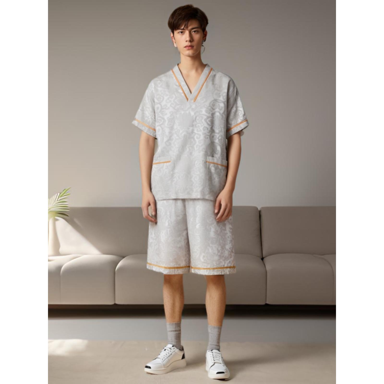 新款汗蒸服男款加肥加大码洗浴足浴店睡衣按摩服套装桑拿服富贵花