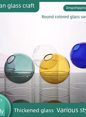 圆形彩色玻璃花瓶桌面香薰玻璃瓶水培容器客厅桌子玻璃气泡花瓶