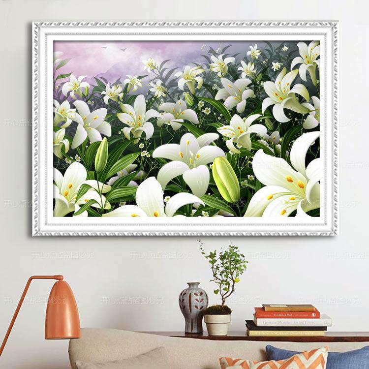 新款现代简约餐厅钻石画清新花卉百合贴钻十字绣客厅卧室圆钻满钻