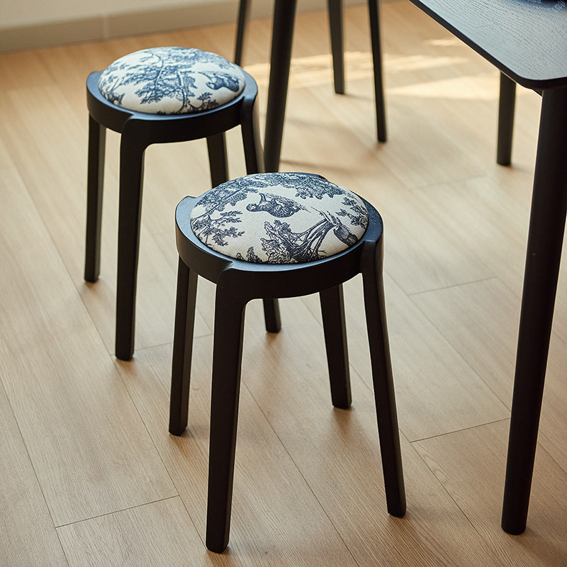 实木圆凳家用餐凳软垫可叠放餐桌椅子折叠凳子客厅板凳小矮凳高级