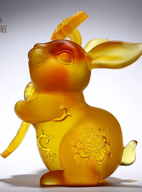 琉璃玉兔招财如意兔子摆件家居客厅桌面装饰小生肖黄水晶工艺礼品