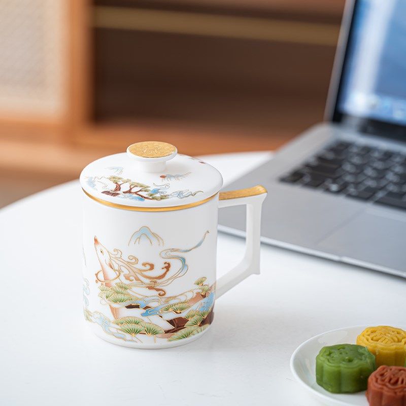 羊脂玉瓷办公杯茶水分离高端陶瓷泡茶杯商务会议水杯高档礼品定制