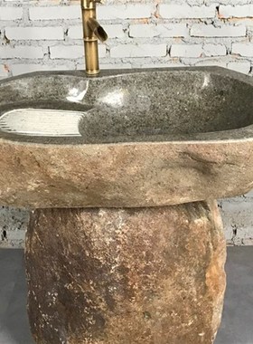 天然原石鹅卵石头洗衣池家用室外花园立柱落地洗手盆庭院别墅水盆