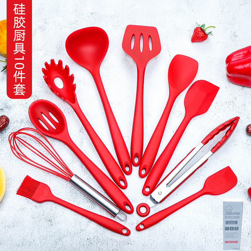 跨境收纳桶装硅胶厨具10件套 厨房烹饪不粘锅锅铲汤勺厨具套装