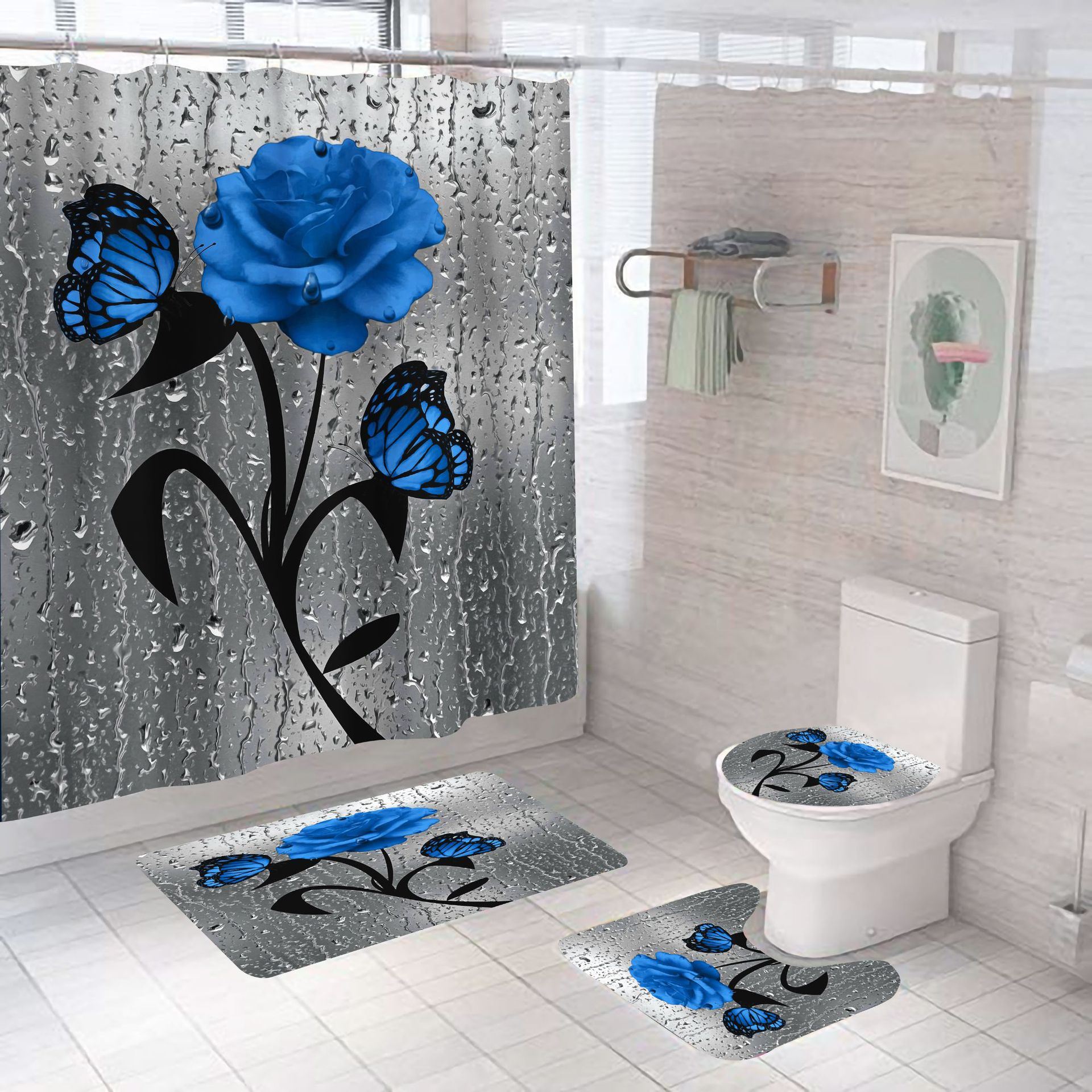 亚马逊家居装饰花朵系列浴室淋雨防水浴帘布四件套 量大从优