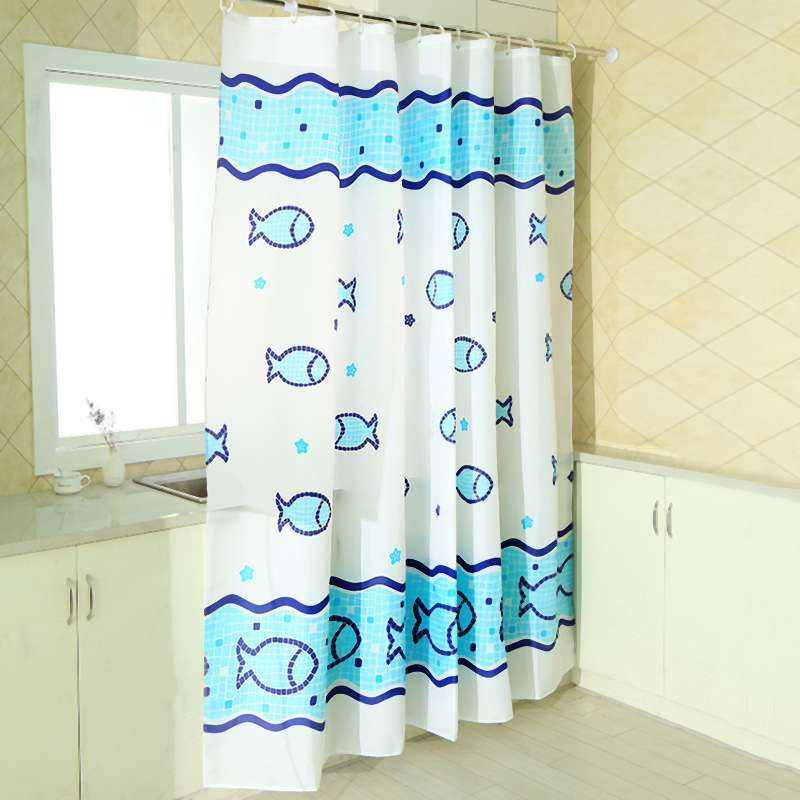 厂家直销卡通蓝色小鱼浴帘加厚防水涤纶浴帘布淋浴帘浴室帘子窗帘