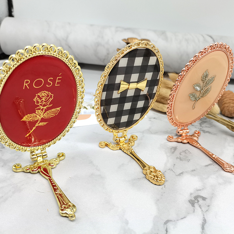 复古手柄镜金属花边随身手持化妆镜子多图案高档礼品折叠化妆镜