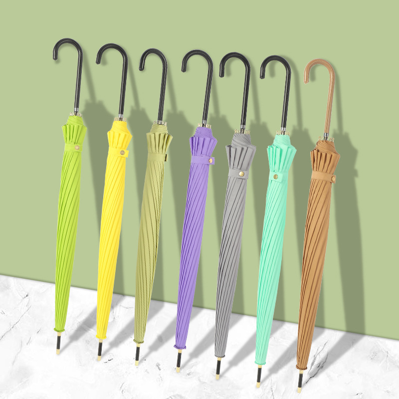 ins日韩系长柄伞16骨皮弯手柄北欧风小清新纯色自动长杆雨伞