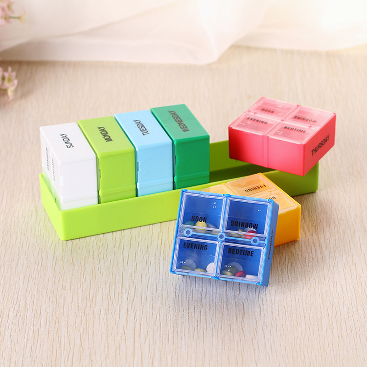亚马逊七彩一周7天28格Pill box创意可拆分大容量便携密封药盒