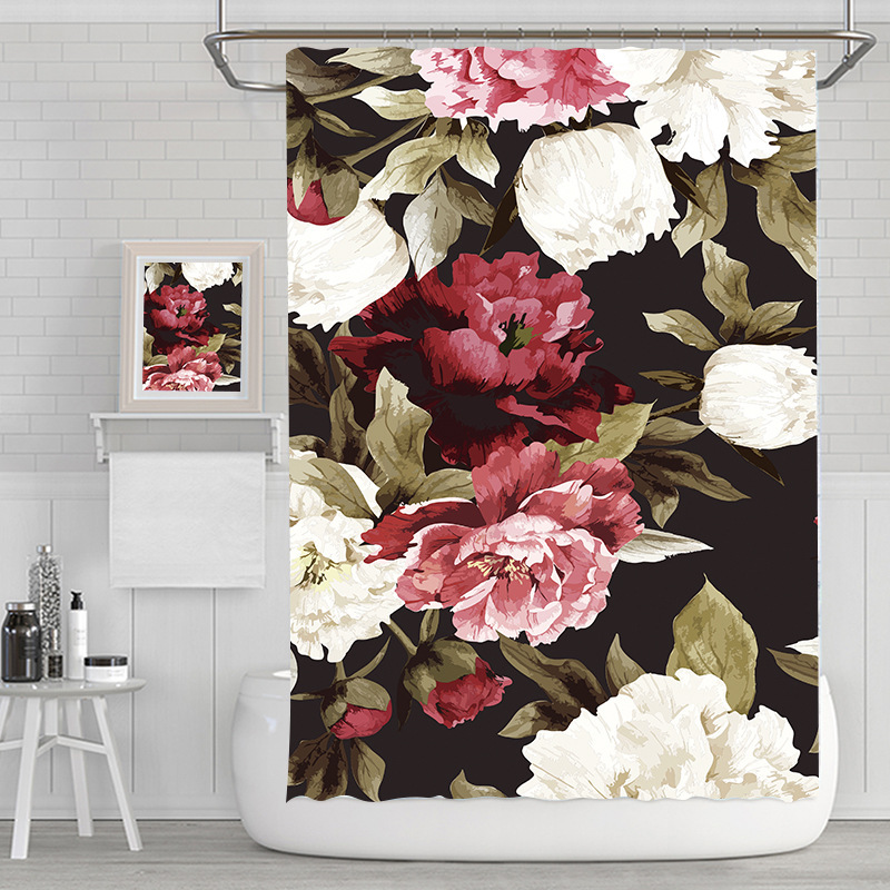 情人节数码印花防水浴帘 玫瑰花草系列防水淋浴帘工厂可定 制