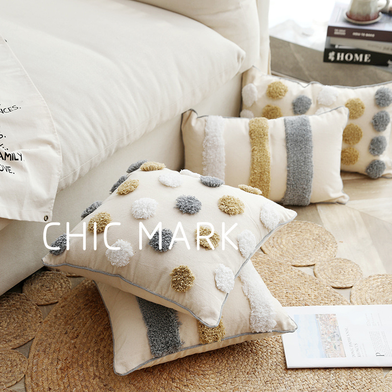 北欧簇绒抱枕几何圆点ins风酒店民宿家居装饰靠垫流苏簇绒抱枕套