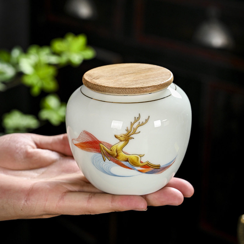 青瓷竹盖描金茶叶罐 锡纸密封罐 陶瓷一罐多用家用送礼可私人