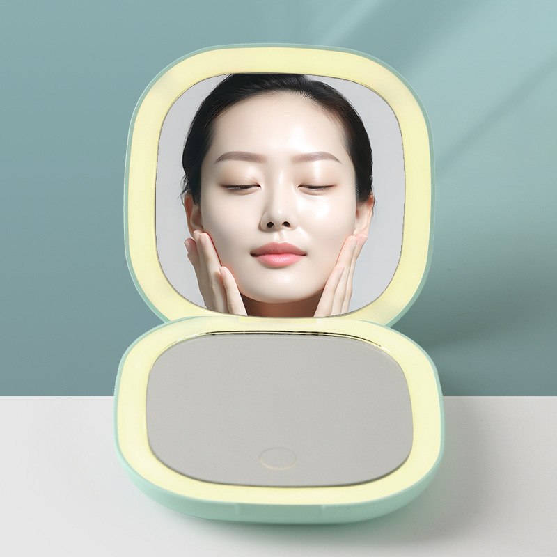 亚马逊双面灯放大led化妆镜 方型折叠轻薄便携带灯LED化妆镜跨境