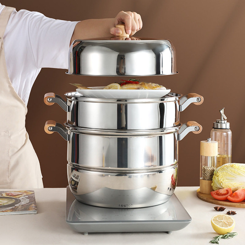 木柄不锈钢蒸锅多层双层大容量加厚家用蒸汤锅三层复底批节日礼盒