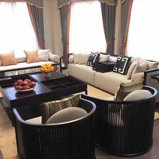 新中式实木沙发组合高端鸡翅木现代简约客厅曲美样板房民宿家具