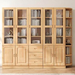 实木书柜带柜门实木书柜书架组合客厅带玻璃门落地储物柜简约展示