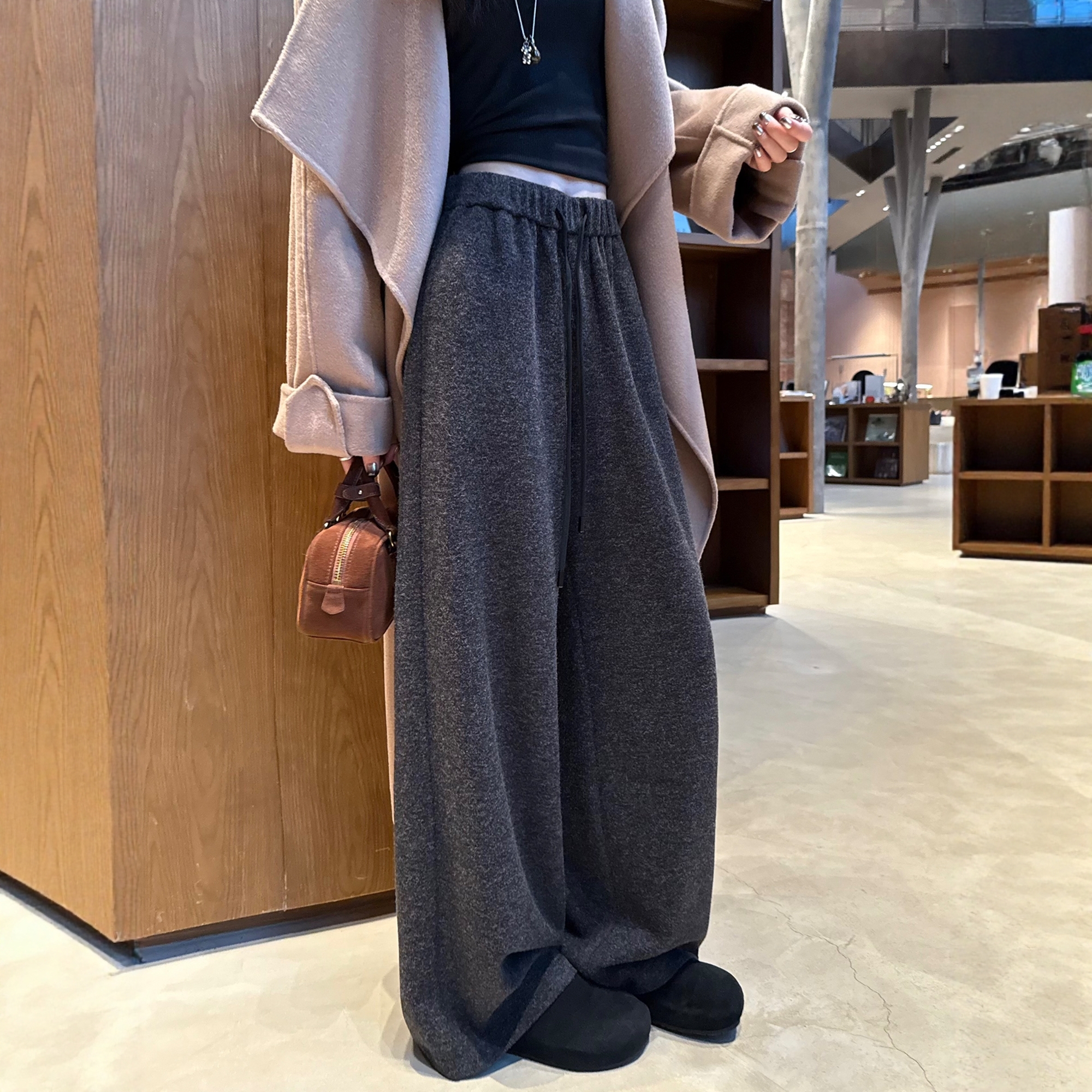 加绒加厚糯米阔腿裤女慵懒风