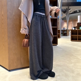 黑灰色糯米阔腿裤 女秋冬高腰垂感羊毛慵懒风宽松bf加绒休闲直筒裤