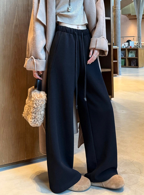 黑色羊毛醋酸直筒裤女秋冬加绒休闲慵懒风垂坠感弯刀阔腿糯米裤子