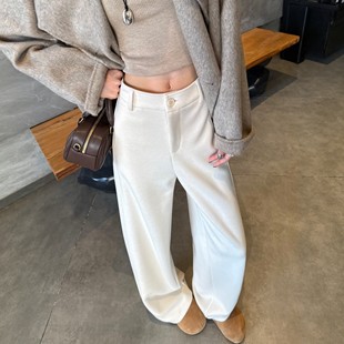 白色醋酸羊毛呢极简西装裤女加绒秋冬显瘦垂感直筒休闲糯米阔腿裤