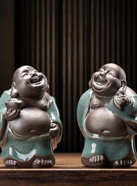 中式陶瓷哥窑茶宠花宠摆件茶玩茶盘茶道花盆园艺装饰品笑佛小弥勒