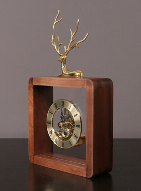 创意铜鹿胡桃木座钟静音时钟座钟摆件新中式客厅玄关卧室装饰钟表