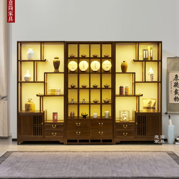 新中式榆木博古架带灯多宝阁客厅隔断茶室茶叶架展示柜古董置物架