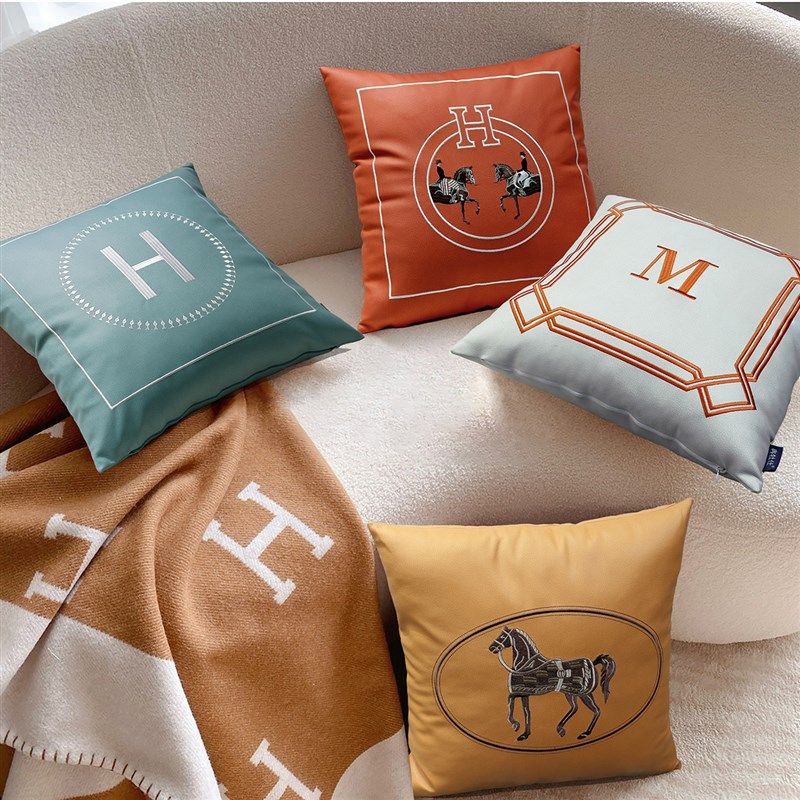 欧式夏季轻奢腰枕靠枕靠垫爱马橙色白色靠背垫科技布沙发抱枕客厅