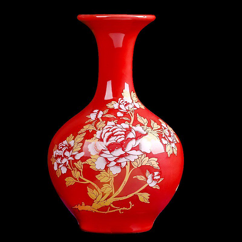 红色花瓶小号陶瓷家居客厅装饰摆件中国红工艺品结婚礼物插干花瓶