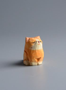 手作木雕小摆件猫咪可爱动物木质手工雕刻办公室书桌面车载装饰