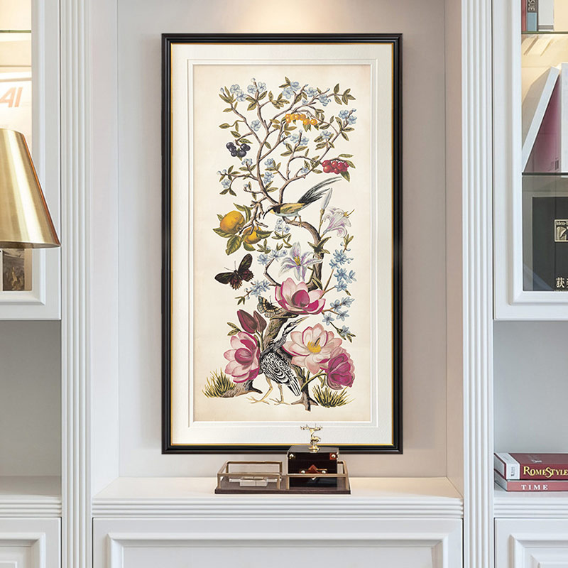 新中式装饰画  花鸟植物玄关竖版装饰画单幅过道花卉壁画别墅走廊图片