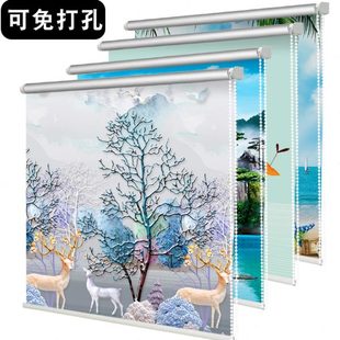 拉绳伸缩卷帘 免打孔卫生间窗帘升降风景简易全遮光遮阳上下卷拉式